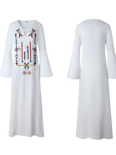 Bohemia Embroidery Long Sleeve Side Split Maxi Beach Dress