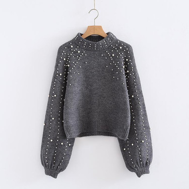 Pearl Beaded Rib Knit Jumper 2018 Spring Autumn New Womens Pullover Sweaters Grey Stand Collar Long Sleeve Tight Sweater YZ035