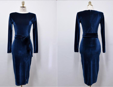 2017 Winter Party Office Dresses for Women Solid Long Sleeve Black Bodycon Vintage Vestidos Velvet Dresses Split Sheath Dress