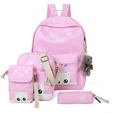 New school knapsack teenage girls schoolbag canvas print backpack 4pcs/set cat bag teen backpack mochila lona mochila kawaii