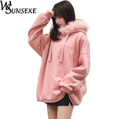 Fur Hooded Sweatshirt Women Autumn Winter Loose Sweatshirts Casual Pink Long Sleeve Outwear Female Thicken Hoodies Pullover Tops