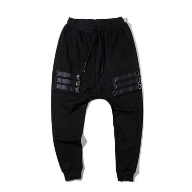 Front Ribbons Drop Crotch Harem Pants Men 2017 Terry Material Hip Hop Harem Pants Black