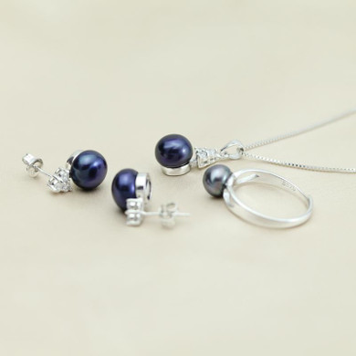 Freswater Pearl Jewelry Set 925 Silver Women,Real Wedding Pearl Jewelry Earring Sets Anniversary Mom Birthday Best Gift Black
