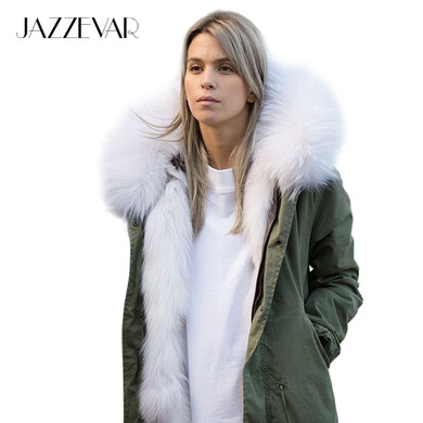 JAZZEVAR new fashion woman luxurious raccoon fur collar hooded coat white thick real fur liner parkas long winter jacket
