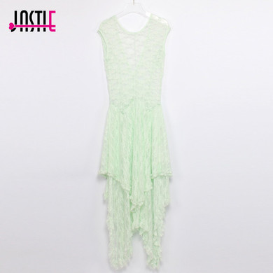 Jastie Boho People hippie Style Asymmetrical embroidery Sheer lace dresses double layered ruffled trimming low V-back (No lining