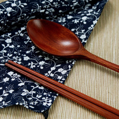 Japanese Style Tableware Natural Wood Chopsticks Spoon Set Cloth Pack Portable Dinnerware Sets