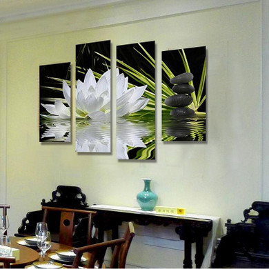 BANMU 4 Pieces Canvas Print for Home Flower White Lotus In Black Wall Art Picture Modern Wall Paintings Modular Picture Unframed
