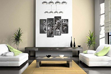 BANMU 4 Panel Wall Art Black And White Wolf And Indians Painting The Picture Print On Canvas Animal Pictures For Home Decor