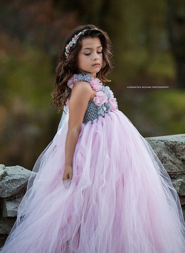 Pink and Grey Flower Girl Tutu Dress Wedding Tulle Dress Girls Wedding Dresses Robe Demoiselle D'honneur Rose Fille Kids Dress