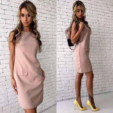 Fake Pocket Sleeveless Casual Tank Dress 2018 Summer Women Solid Colour O-Neck Straight Dress Elegant Mini Party Dresses