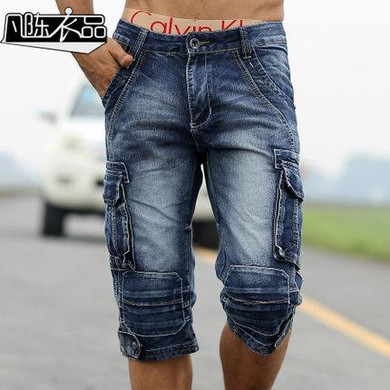 Faded Summer Mens Denim Shorts Retro Vintage acid-washed Cargo pockets Military Style Multi-Biker Short Jeans For Men
