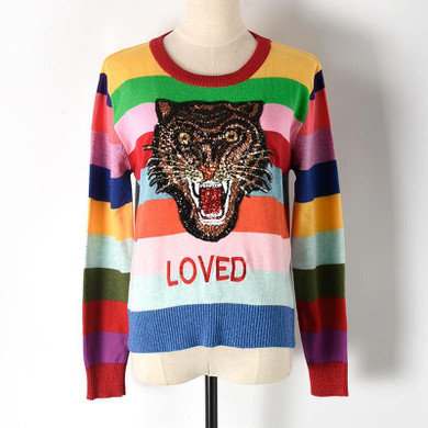 European street style 2017 new autumn winter women colorful striped sequins sweater pullovers fashion knitwear