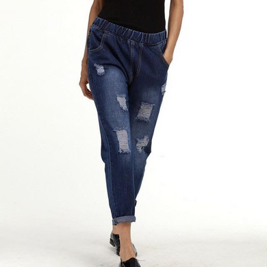 Elastic High Waist Ripped Jeans for Women 2017 Spring Oversized Vaqueros Mujer with Pockets Pantalones Vintage Trousers S~5XL