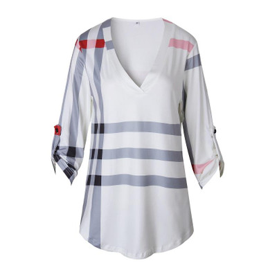 EIFFTER 2017 Spring Fashion Ladies Top V Neck Tops Tee Plaid Women Blouse Shirt Three-quarter Sleeve Casual Feminine Blouses