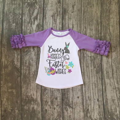 new arrival Easter baby girls print bunny kisses wishes lavender cotton boutique top T-shirt raglan clothing floral ruffles kids