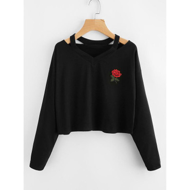 New Arrival Beautiful Popular Womens Nice Fashion Womens Long Sleeve Sweatshirt Rose Print Embroidery Causal Tops Blouse Dresses
