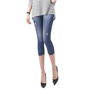 New Arrivals Women Casual Seamless Imitation Cowboy Printed Leggings Stretch Skinny Cropped To the Calf Leggings Half Pants Lady