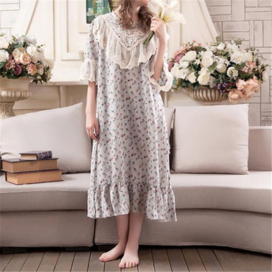 New Arrivals Vintage Nightgowns Sleepshirts Elegant Home Dress Lace Sleepwear Women Sleep & Lounge Print Cotton Nightgown #H174