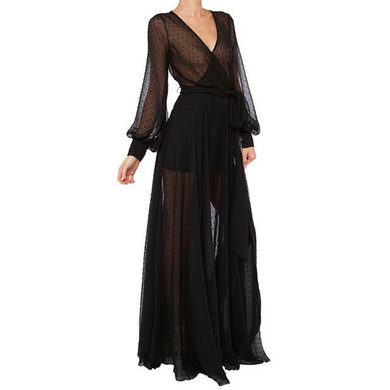 HDY Haoduoyi Summer Fashion Sheer Dress Women Dot Mesh Tie Waist Vestidos Deep V Neck Slim Maxi Dress Elegant Wrap Party Dress