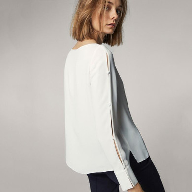 HDY Haoduoyi Solid White Sweet Fashion Women Shirts Long Sleeve O-neck Split Hollow Out Buttons Female Blouses Elegant Tops