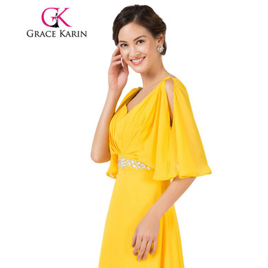 Grace Karin Chiffon Elegant Long Evening Dress Yellow Double V Neck Beading Pageant Ceremony Elegant Gown Prom Dresses 7514