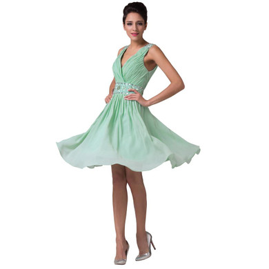Grace Karin Charming Mint Green Bridesmaid Dresses Knee Length Chiffon Satin Beading Sequin Party Gowns Short Bridesmaid Dress