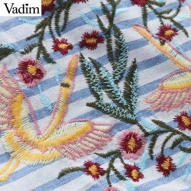 Vadim cute birds embroidery striped pleated shirts tassles half sleeve chic o neck blouse fashion casual loose tops blusas