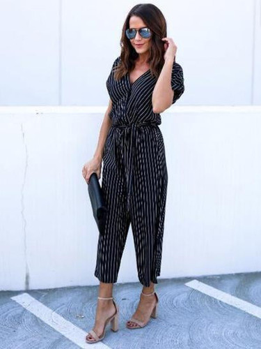 V-neck Stripes Waisted Jumpsuits