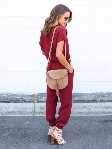 V-Neck Solid Color Jumpsuits Bottoms