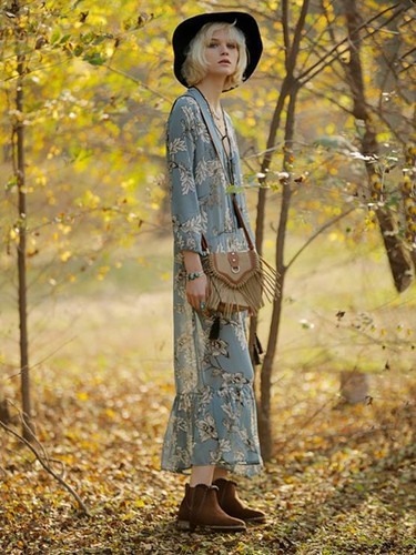 V-neck Long Sleeves Floral Maxi Bohemia Dress