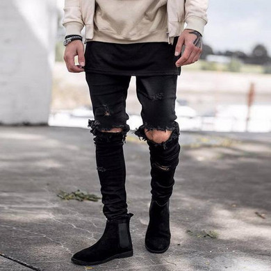 Uwback Jeans Pants Men 2017 Fear Of God Jeans Men Destroy Hole Ripped Jeans Pencil Pants Men Denim Biker Jeans Homme BlackCAA323