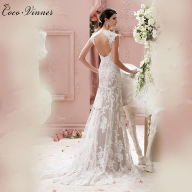 C.V 2017 Sexy White Lace Wedding Dress Backless Sleeveless Mermaid Wedding Bridal Gowns Sweep Train