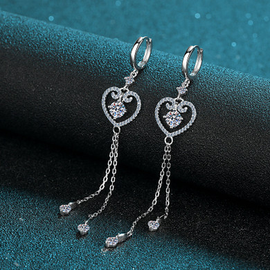 Round Cut Moissanite Diamond Classic Tassel Heart Shaped Cuff Earrings