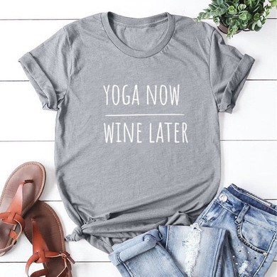 Yoga Now Wine Later Short Sleeve Cotton T Shirt Women O-neck Christmas T Shirt Women Loose Tee Shirt Femme Casual T-shirt Women
