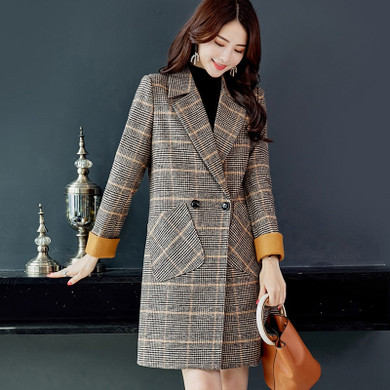 Women Mid-Length Plaid Wool Coats