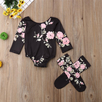 Baby Girls Floral Printed Long Sleeve Romper & Socks Cheap Boutique Baby Clothes