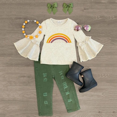 Girls Rainbow Print Long Sleeve Top & Ripped Jeans Toddler Girls Wholesale