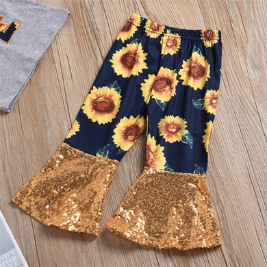 Girls Sunflower Flared Sleeve Love Top & Sequin Bell Pants Wholesale Girls Girls Sunflower Flared Sleeve Love Top & Sequin Bell Pants Wholesale Girls