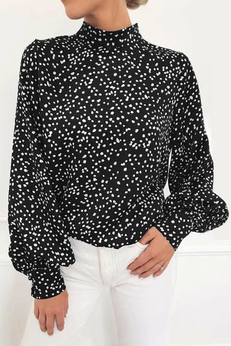 Mock Neck Lantern Sleeve Fashion Polka Dot Blouse