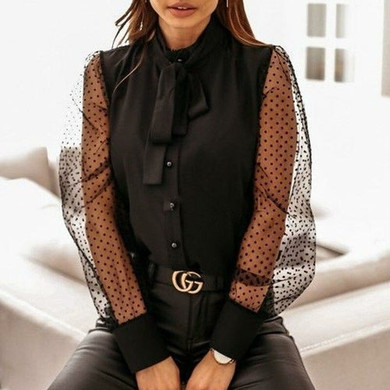 Mesh Patchwork Bow-Knot Ladies Blouse