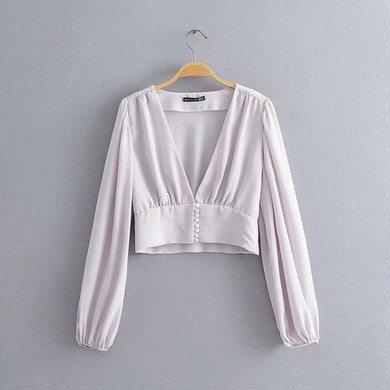 Long Lantern Sleeve Puff Sleeve Short Chiffon Blouse