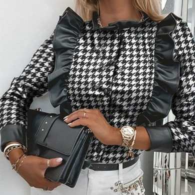 Leather Blouse Button Office Lady Ruffled Shirt