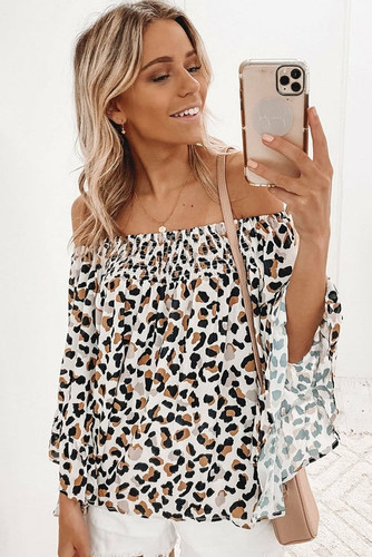 Leopard Off Shoulder Flared Sleeve Top