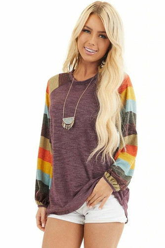 Women Striped Balloon Sleeves Knit Top
