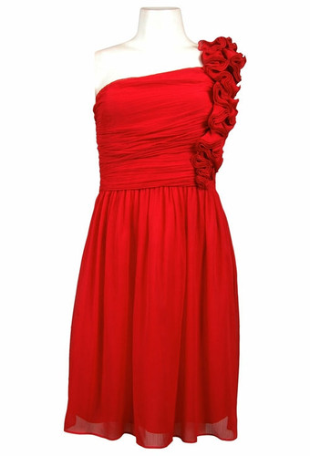 One Shoulder Ruched Chiffon Dress with Rosettes