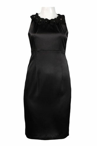 Satin Sheath Dress with Floral Applique Neckline