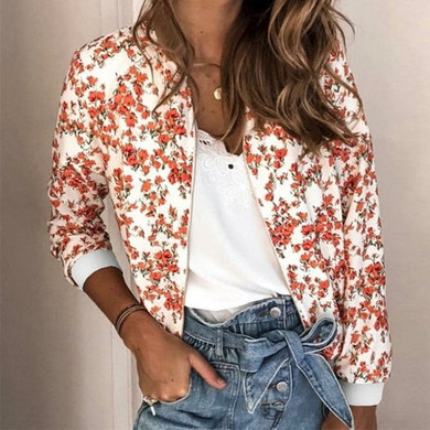 Casual Floral Print Coat Zipper Women Jacket