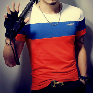 Casual Patchwork Short Sleeve T Shirt , Slim Fit Hip-Hop Top Tees for men