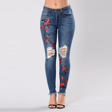 Embroidered high-elastic denim women's trousers