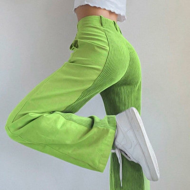 Pocket Rib Women Patchwork Button Straight Corduroy Trousers